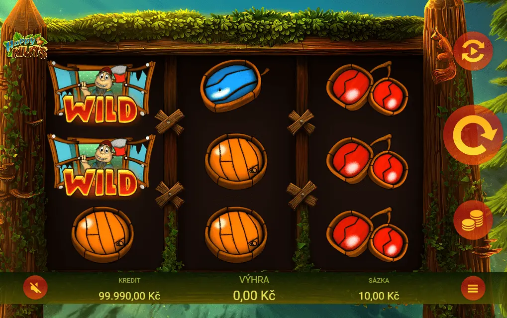 Happy Nuts – online slot s ovocem a Wild funkcí. Herní automat Happy Nuts s ovocnými symboly, Wild postavičkou a lesním prostředím.
